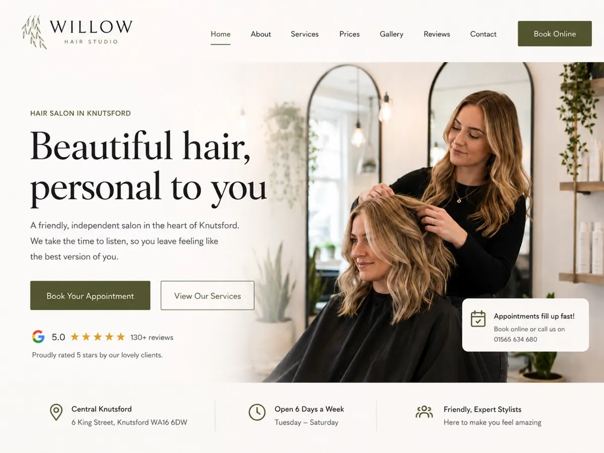The Willow Hair Studio website, a hair salon