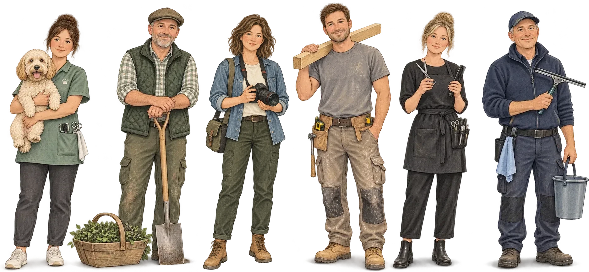 Six people who run local businesses, standing in a row: a dog groomer holding a fluffy dog, a gardener leaning on a spade, a photographer holding a camera, a builder with timber on his shoulder, a hairdresser with scissors and a comb, and a window cleaner with a squeegee and bucket.