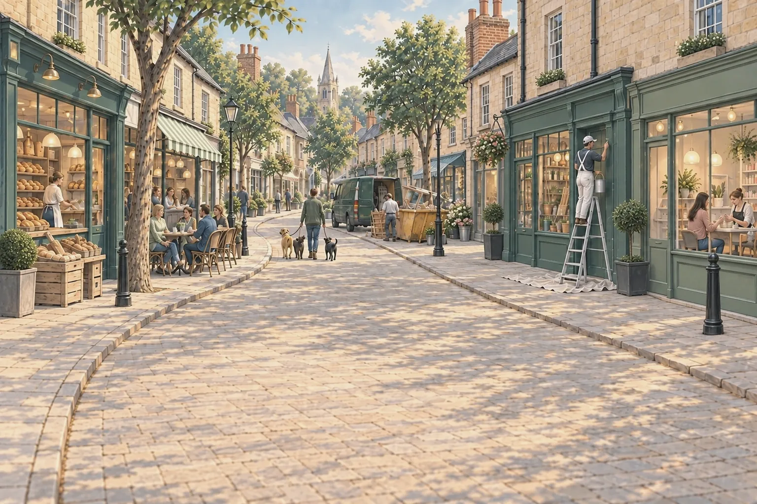 A painted high street of small shops: a bakery, a café with people at tables, a painter on a ladder redoing a shopfront beside a nail bar, a van and a skip, and a man walking three dogs.