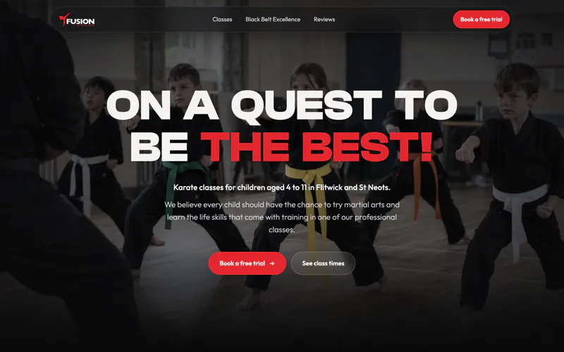 The Fusion Martial Arts homepage: children in a karate class under the heading On a quest to be the best!