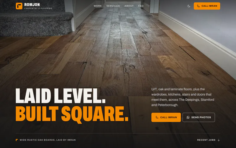 The Romjon Carpentry and Flooring homepage: a wide oak floor under the heading Laid level. Built square.